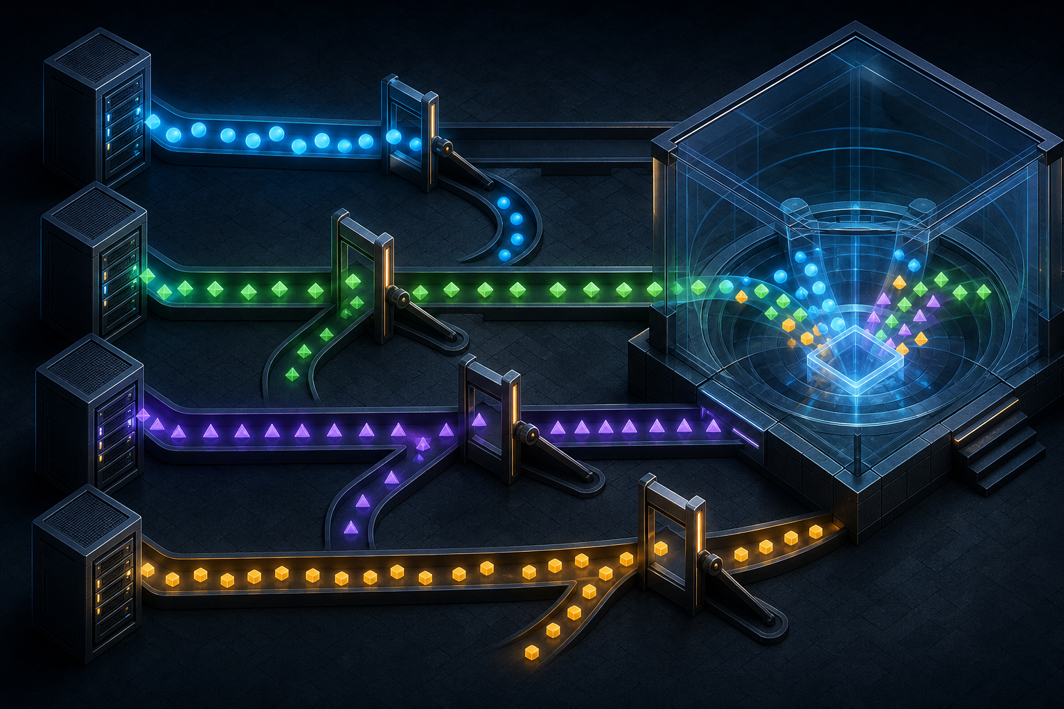 Four streams of colored bid tokens pass through separate threshold gates toward one transparent digital auction chamber.