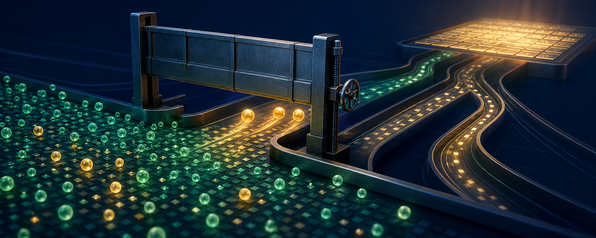 A raised metallic threshold lets a smaller number of bright bid orbs reach an inventory grid while other bids divert to alternate paths.