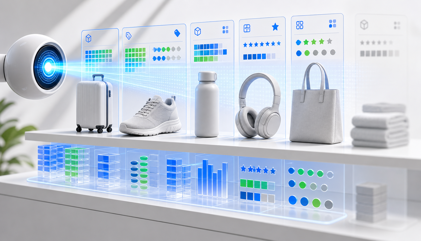 Generic retail products align with translucent attribute layers while an abstract AI lens scans the structured information.