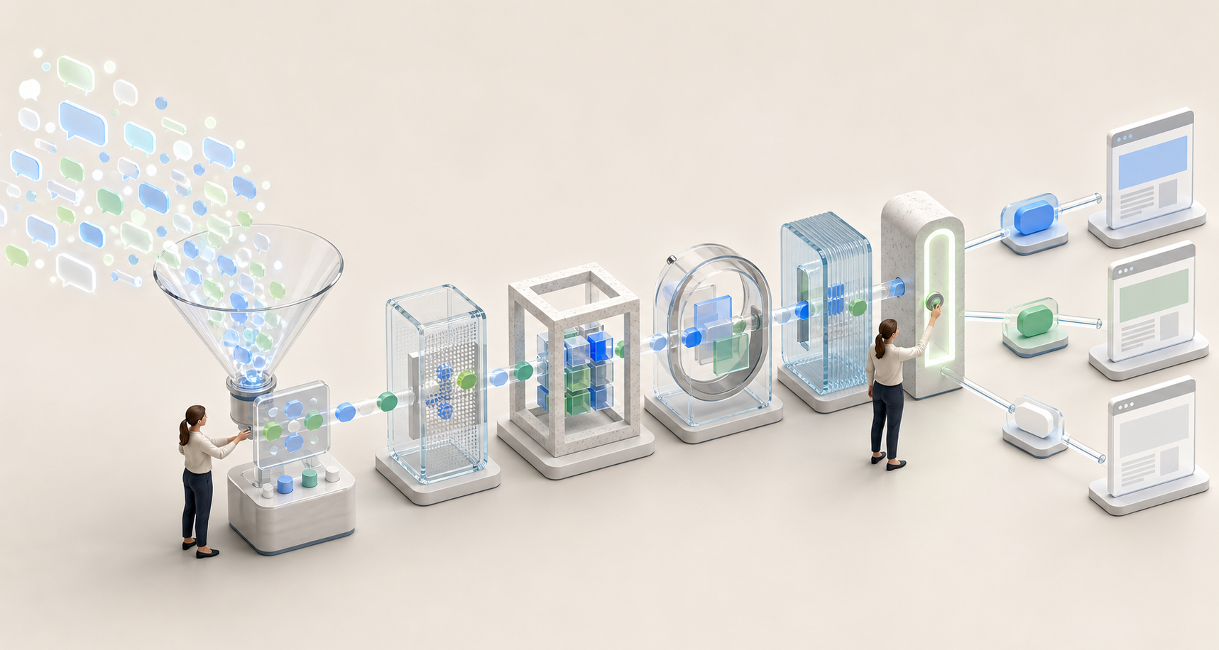 Abstract conversational signals move through a series of human-controlled review gates before becoming organized campaign components and matching destination pages.