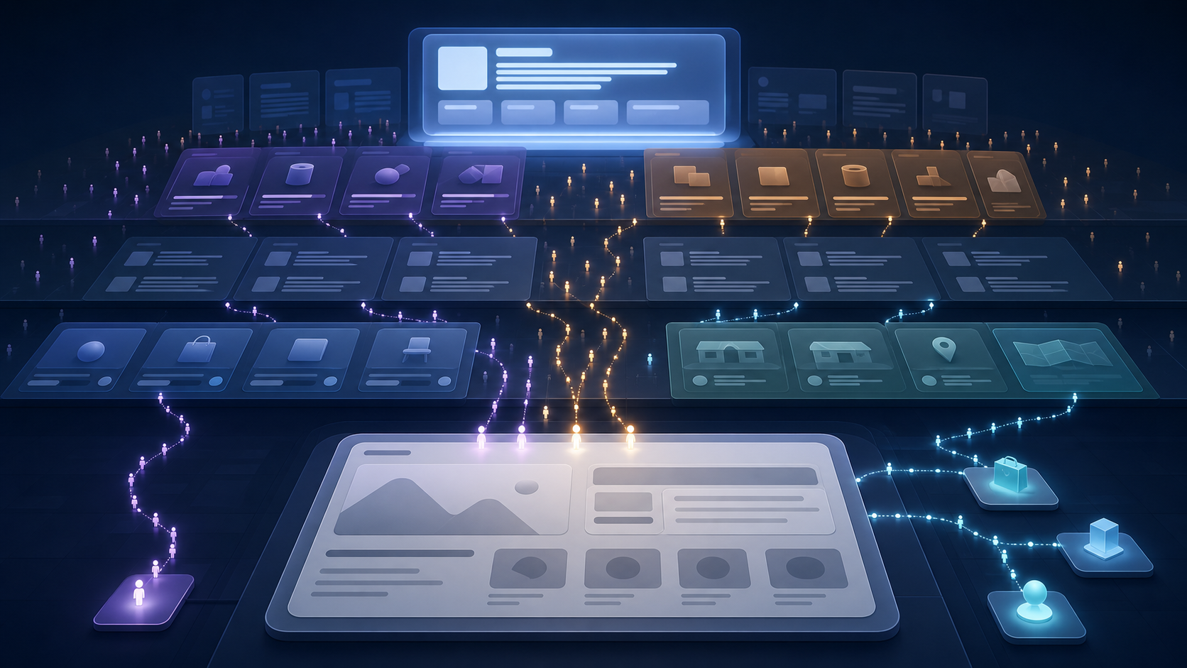 Layered search result modules route glowing visitor paths toward a business website, with some paths ending before a click.
