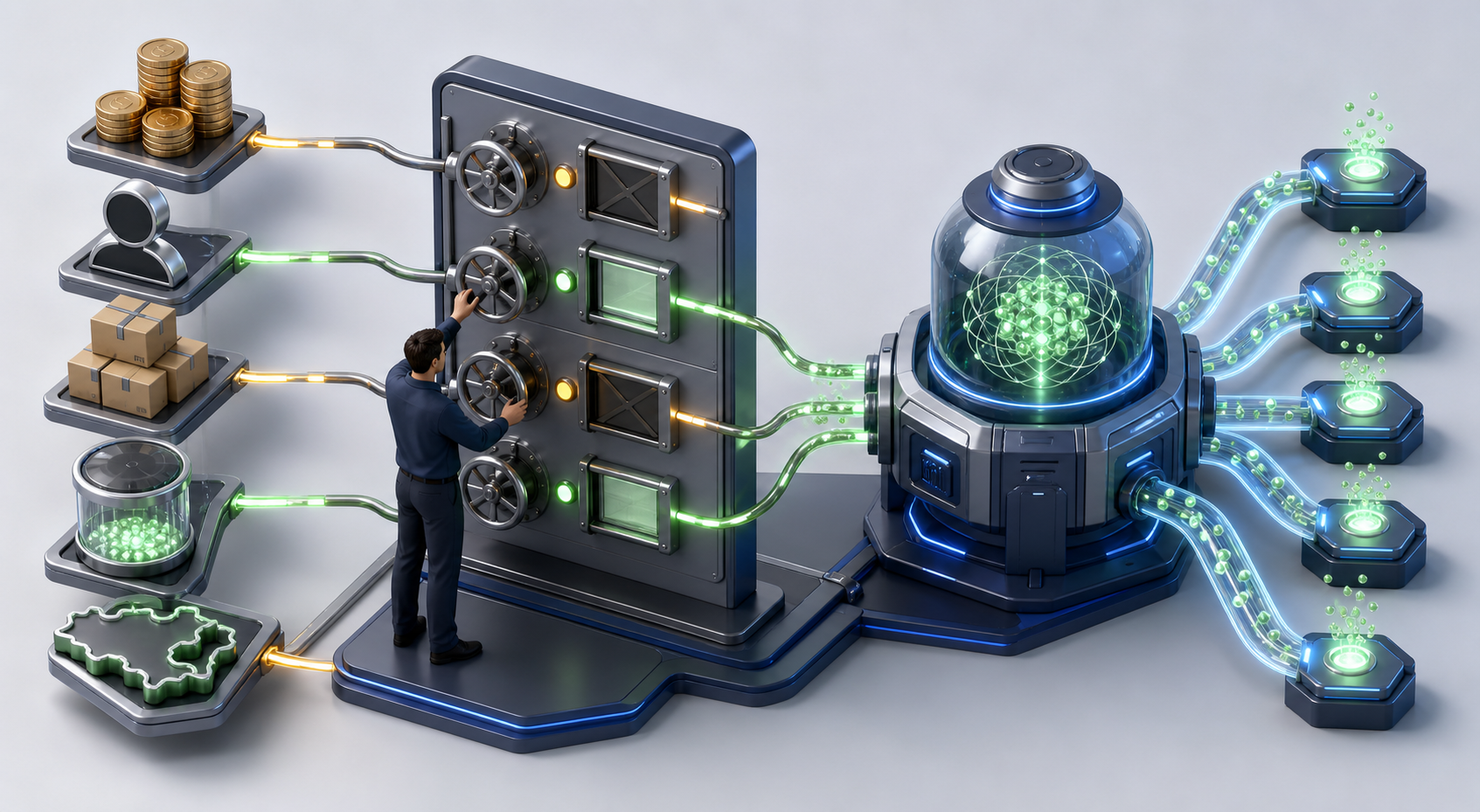 A person adjusts gates controlling business-value, budget, inventory, and location symbols before they enter an automated bidding engine.