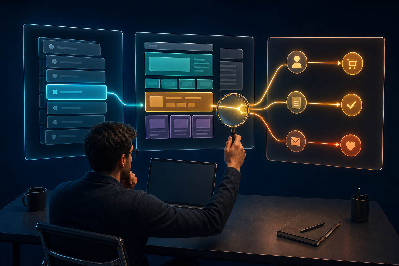 An analyst compares three translucent layers representing search visibility, result-page changes, and business outcomes.