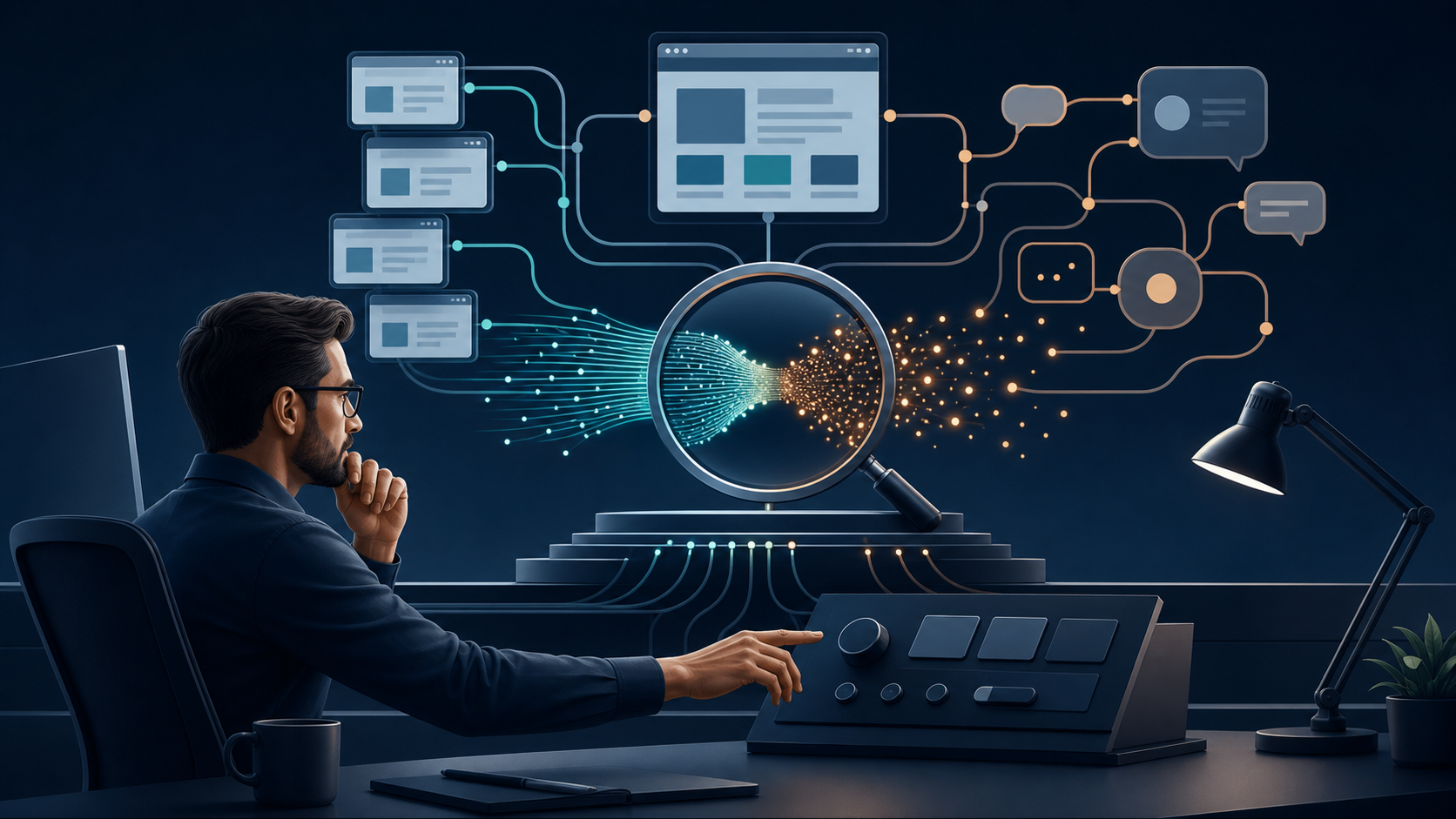 An analyst examines partially arriving search data before making changes to a connected group of web pages.