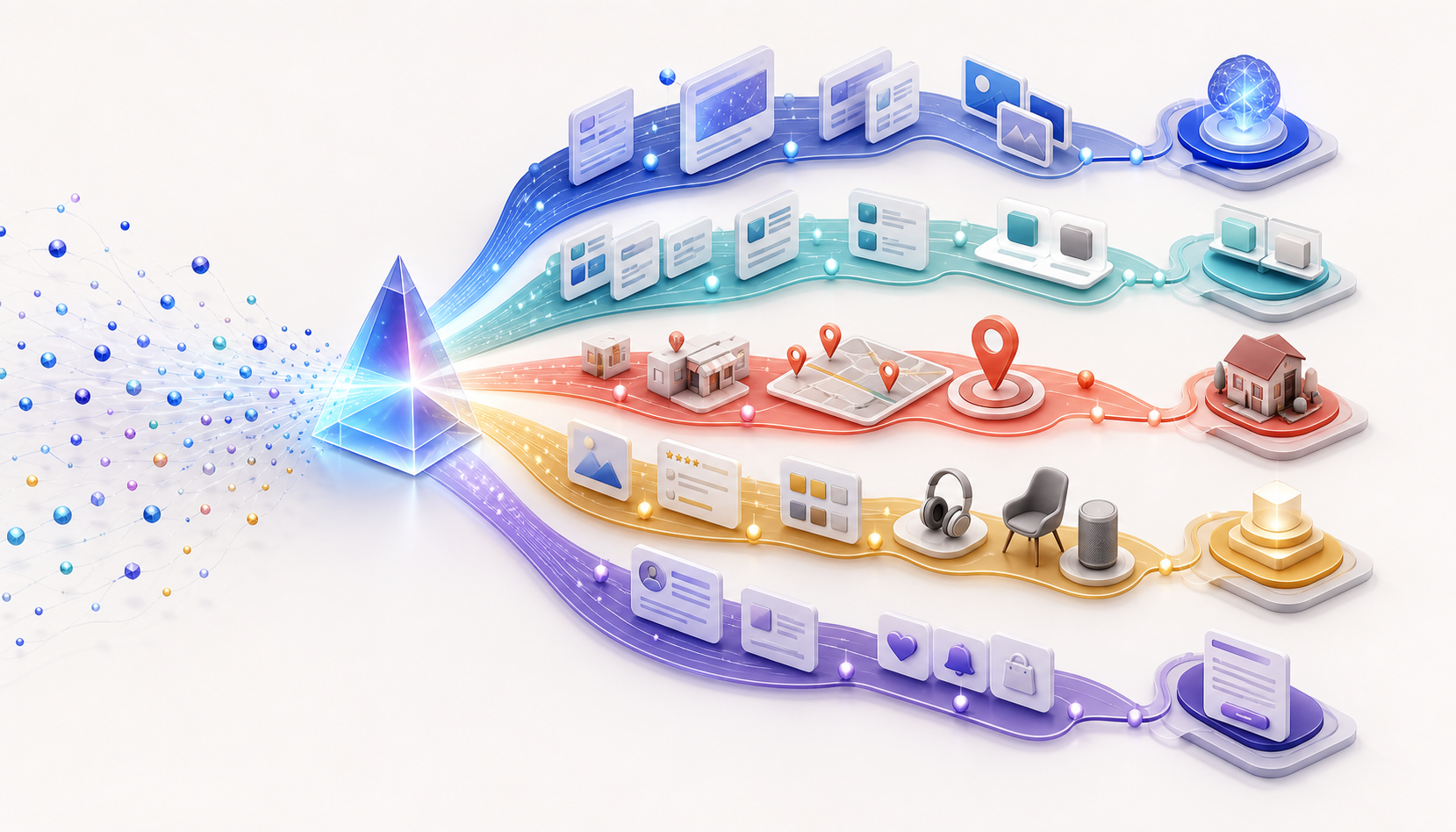 Colored pathways divide from a central search prism and pass through different result modules toward pages matched to several types of intent.