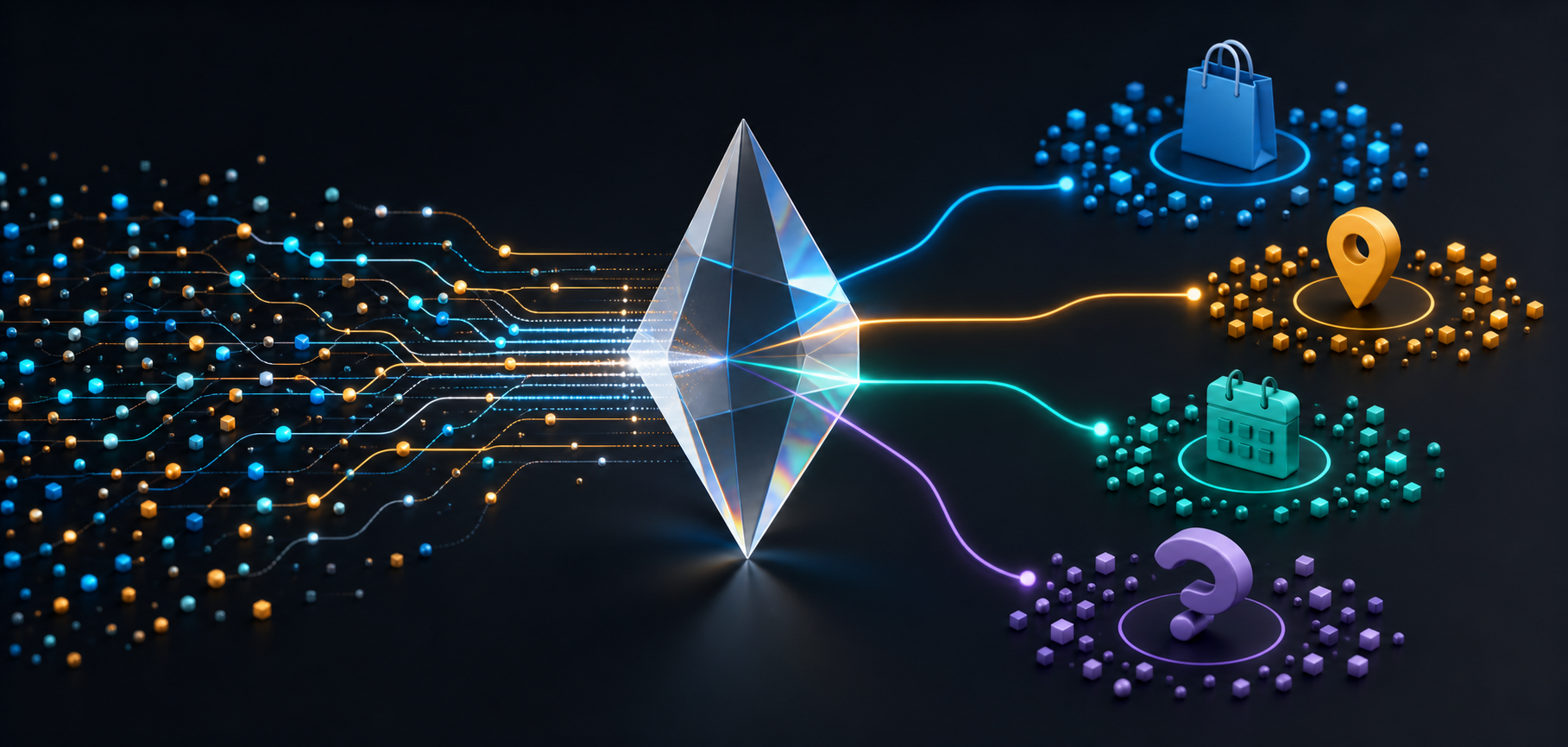 Colored signal paths pass through a translucent prism and form clusters around simple intent symbols.