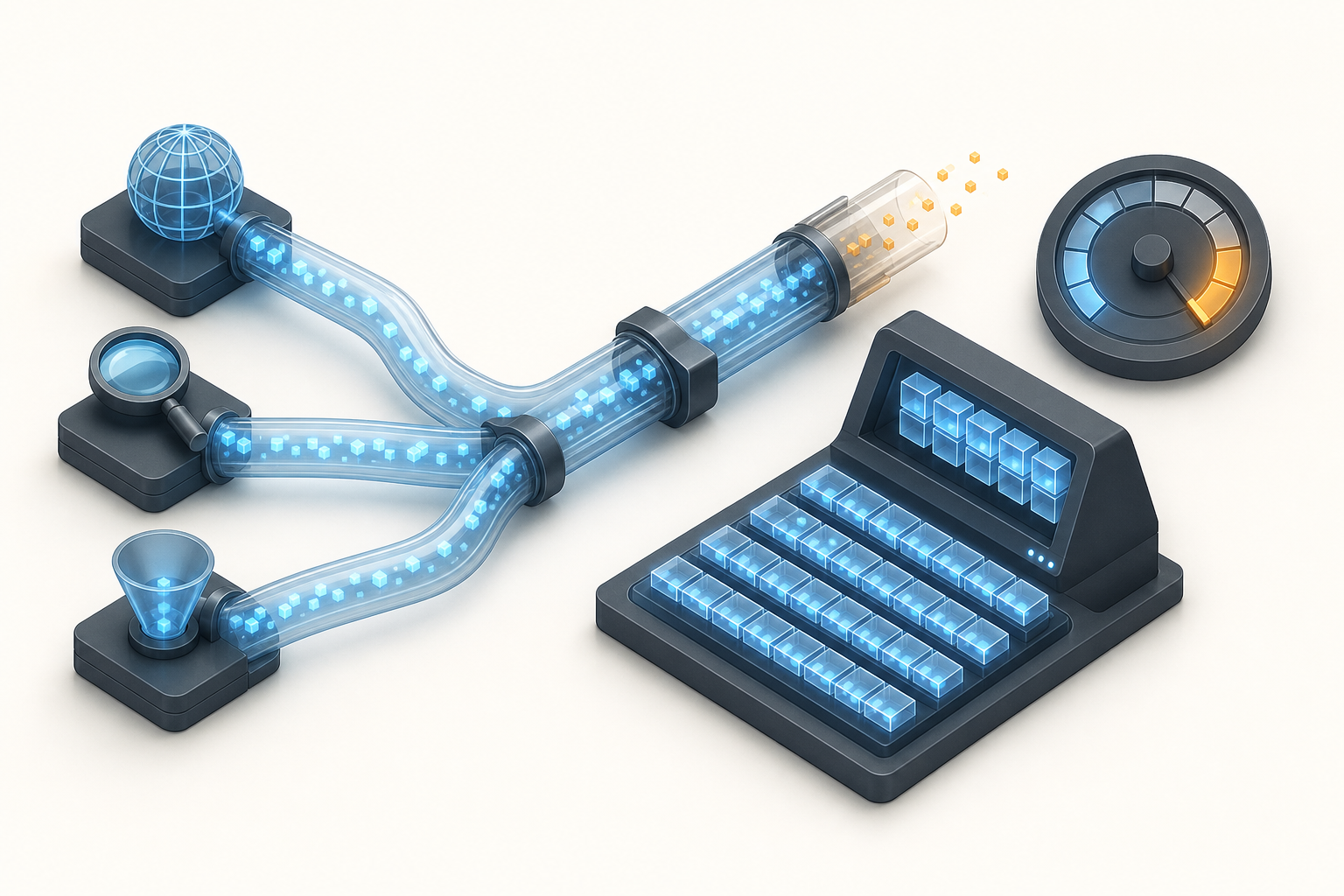 Glowing data packets move through a pipeline toward a console while the newest portion remains incomplete.