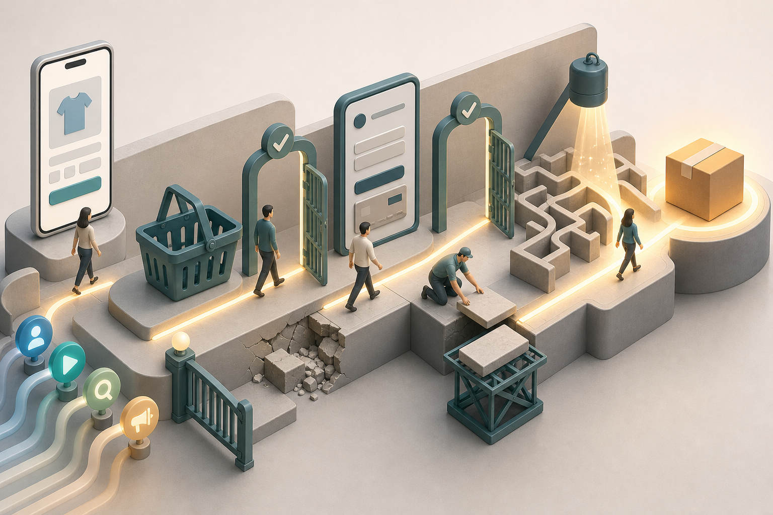 Generic shoppers follow a simplified mobile checkout path as obstacles, extra gates, and confusing branches are removed between a shopping basket and a delivery parcel.