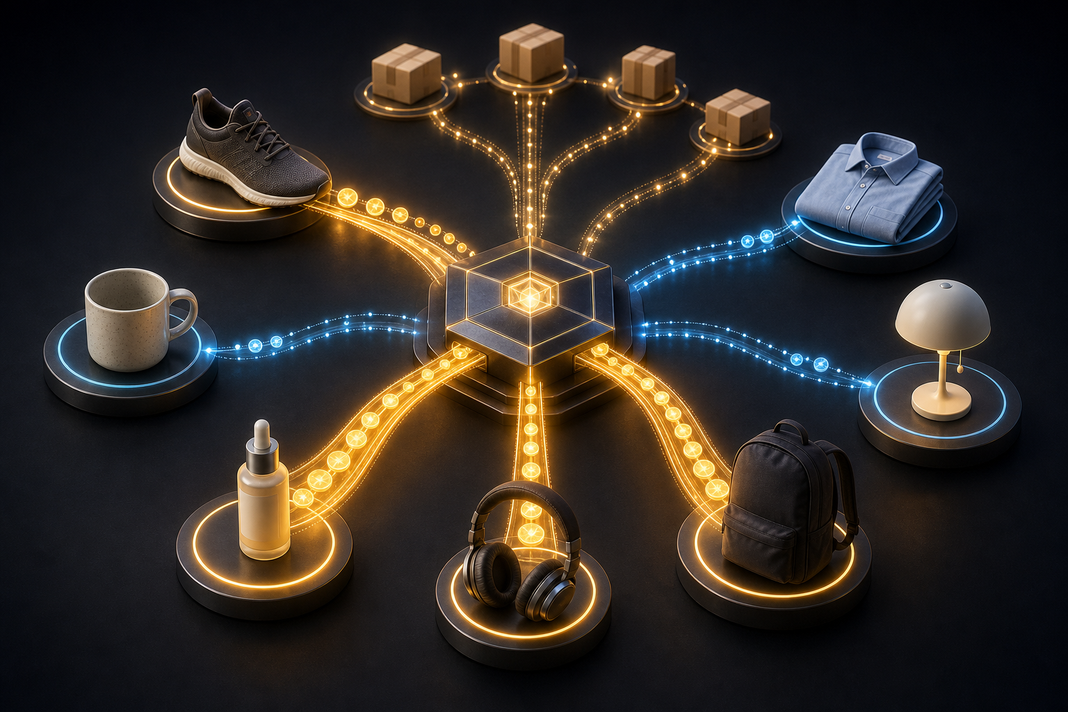 Unbranded products receive different streams of advertising resources based on abstract performance signals, with completed orders feeding results back into a central decision hub.