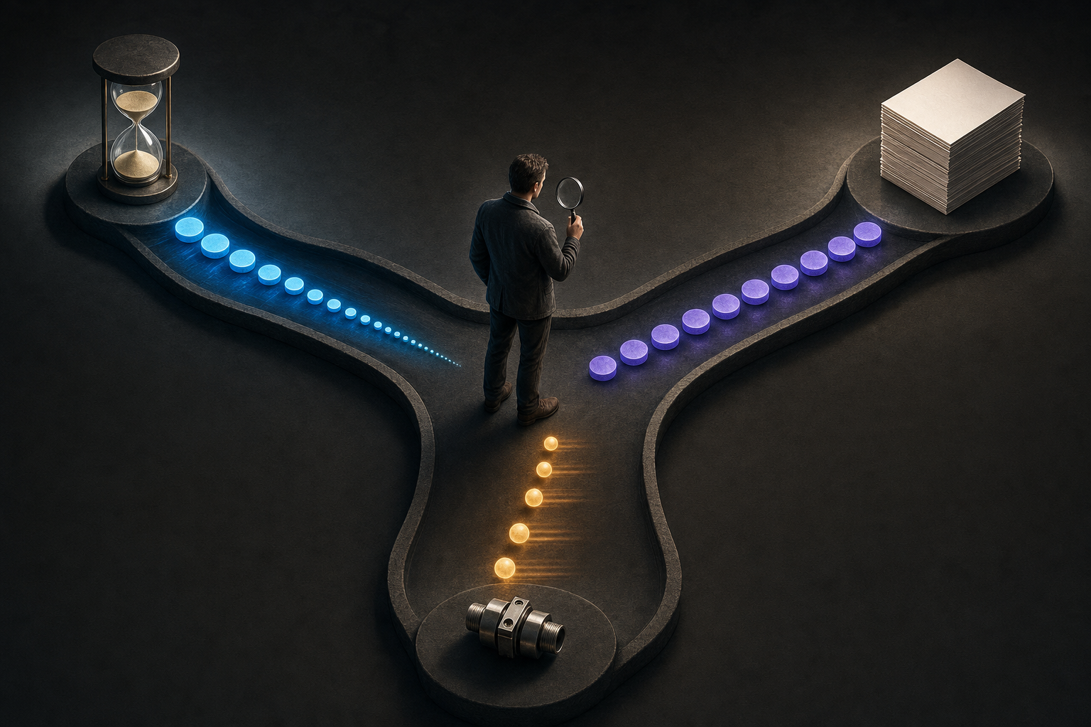 An analyst traces three conflicting streams of abstract indicators toward checks for delay, page changes, and connection problems.