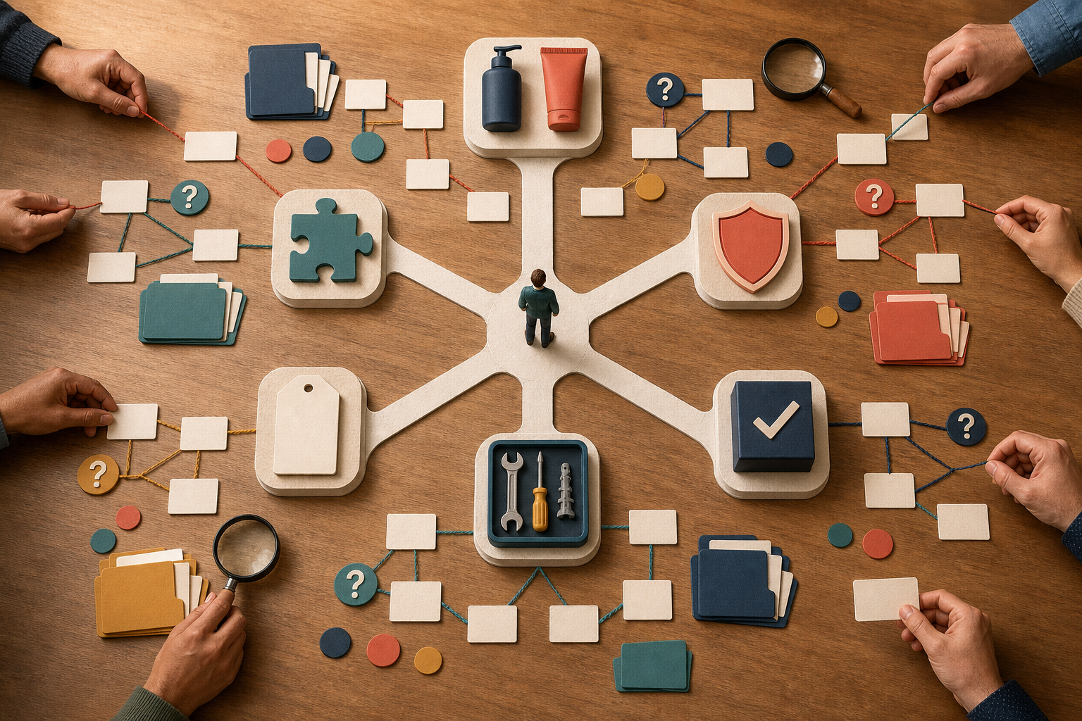 Hands arrange blank question cards and evidence folders along branching paths that lead a customer figure through comparison, fit, risk, cost, setup, and selection decisions.