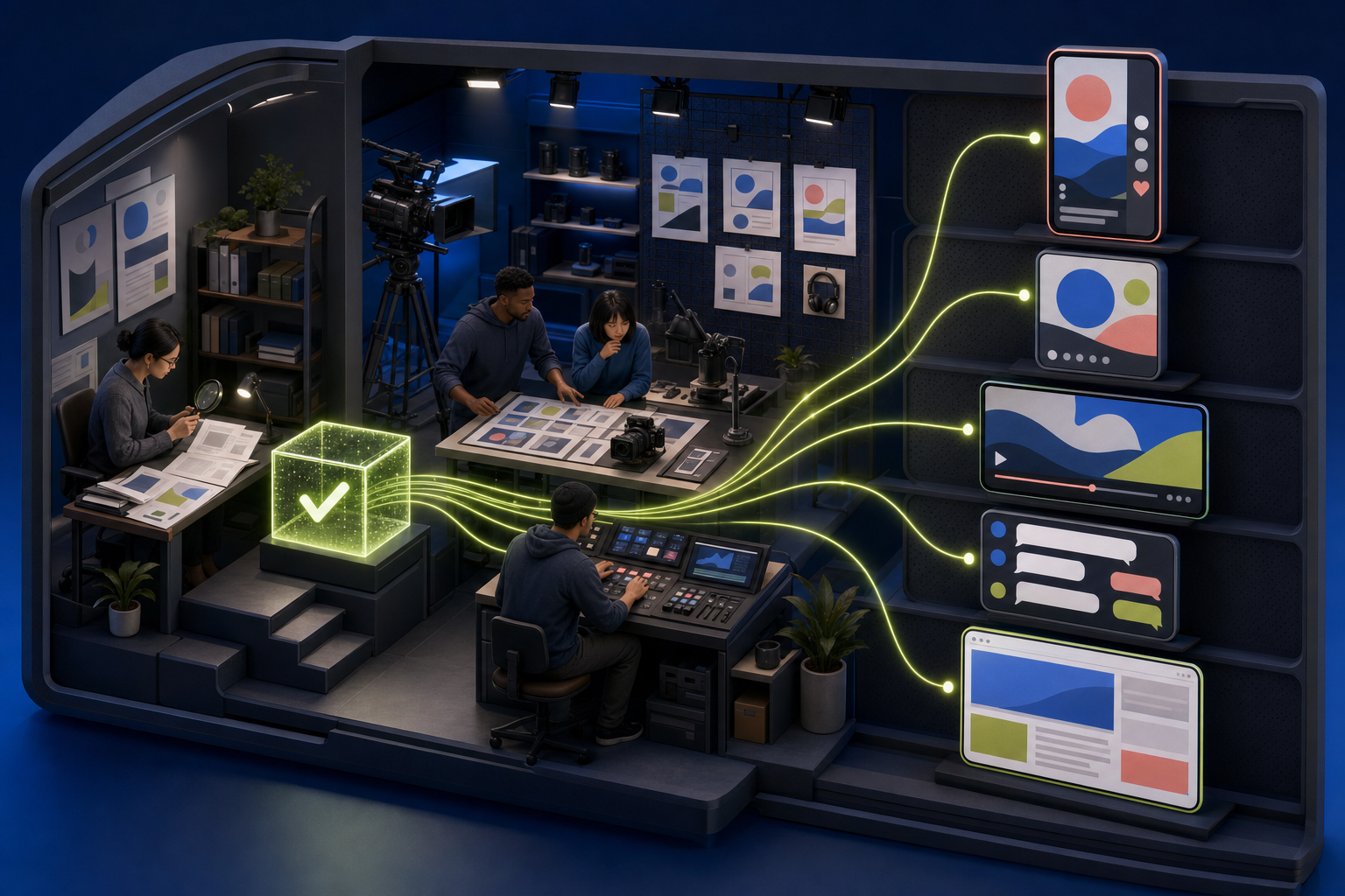 A content team turns one checked evidence source into vertical video, square visual, widescreen video, discussion, and web article formats in a connected studio workflow.