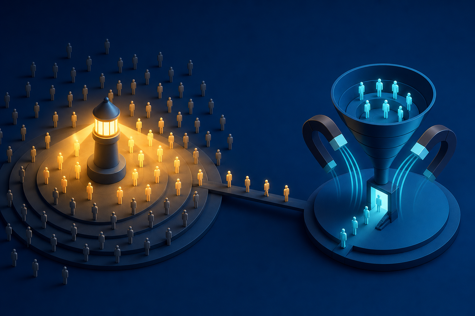 Split illustration with a beacon creating awareness among a broad audience on the left and a funnel guiding interested people toward a purchase doorway on the right.