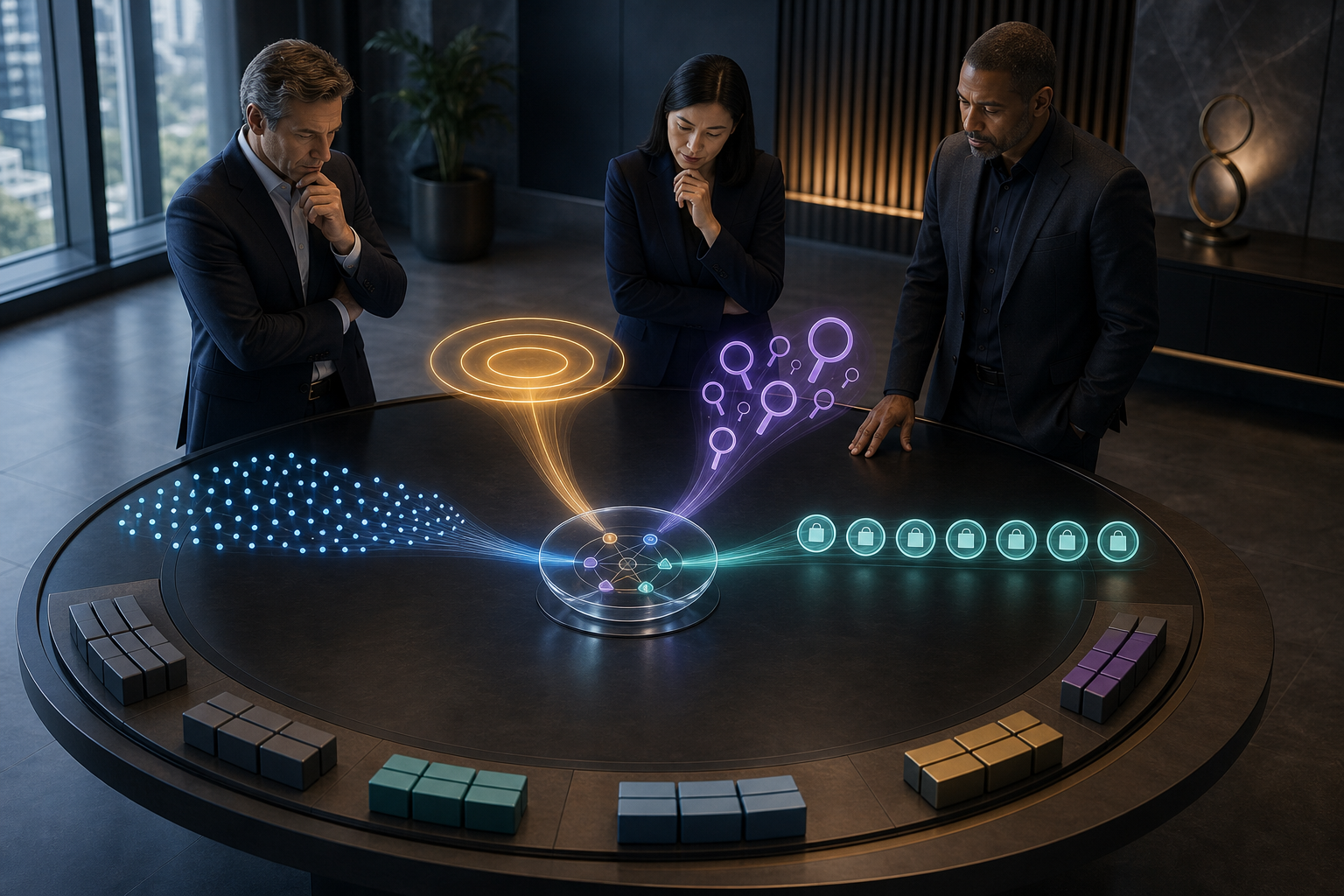 Three executives compare symbolic traffic, awareness, search, and purchase signals around a circular decision table before moving budget blocks.