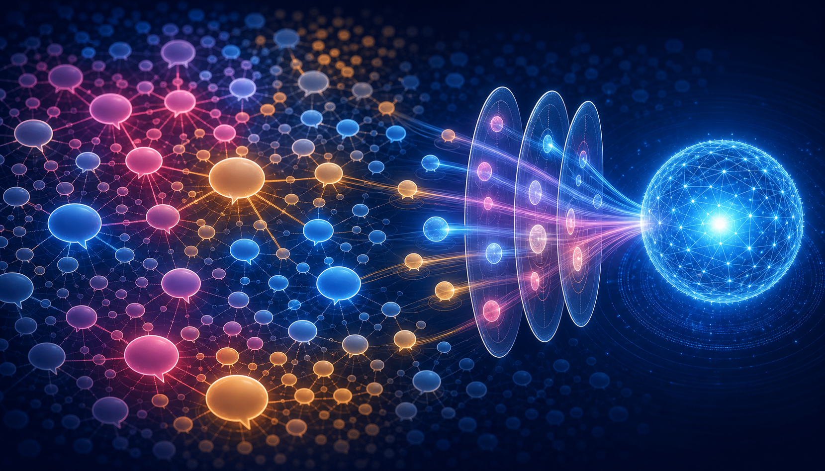 Clusters of anonymous online conversation bubbles connect through analytical lenses to a luminous AI response sphere.