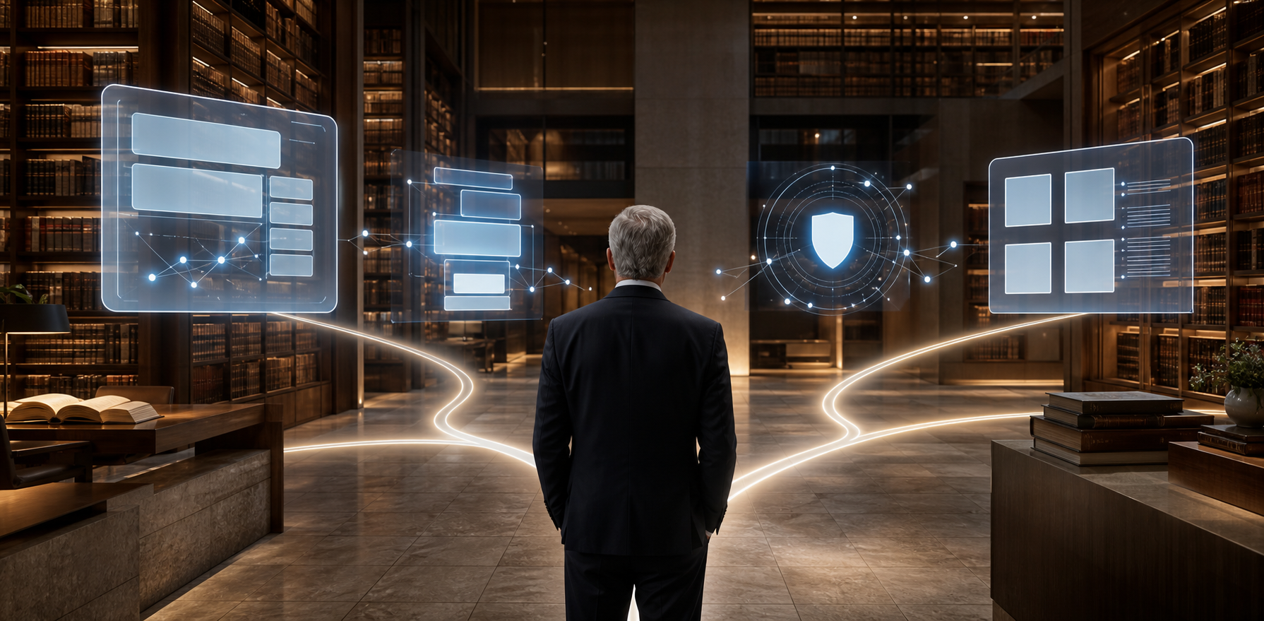 A law-firm decision-maker stands in a modern law library facing several illuminated paths toward abstract AI interfaces, legal sources, compliance symbols, and digital assets.