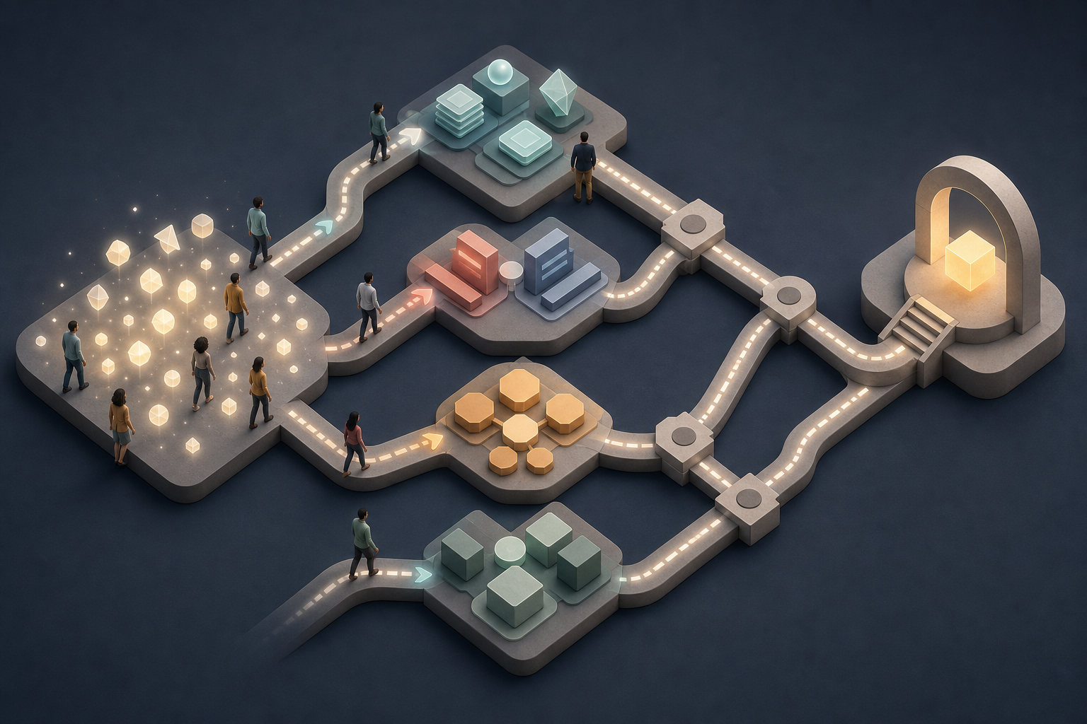 People follow branching paths through interconnected content clusters toward a shared decision point.
