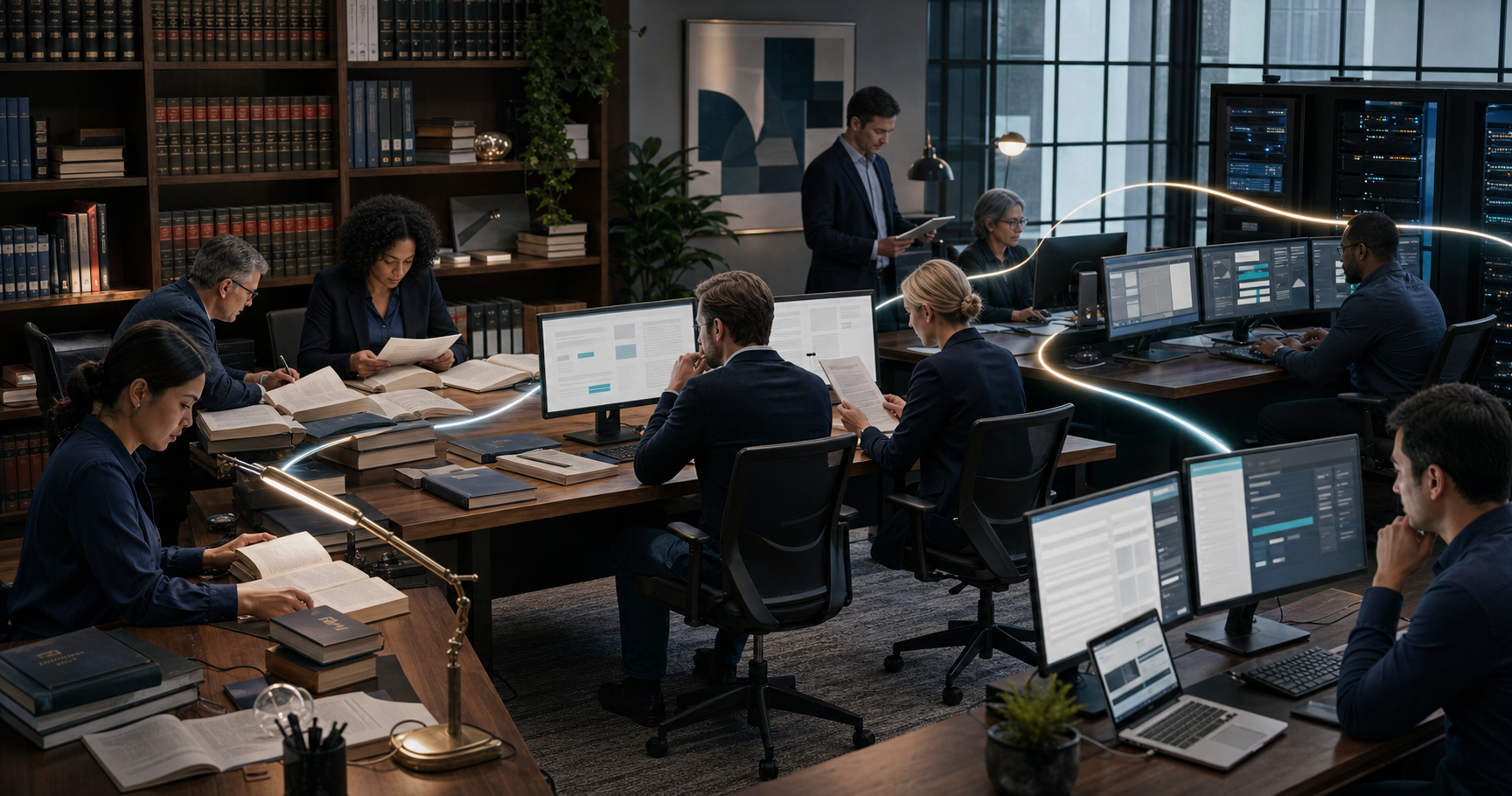 Researchers, legal reviewers, and technical specialists work across connected stations containing source materials, compliance checks, publishing tools, and analytics.
