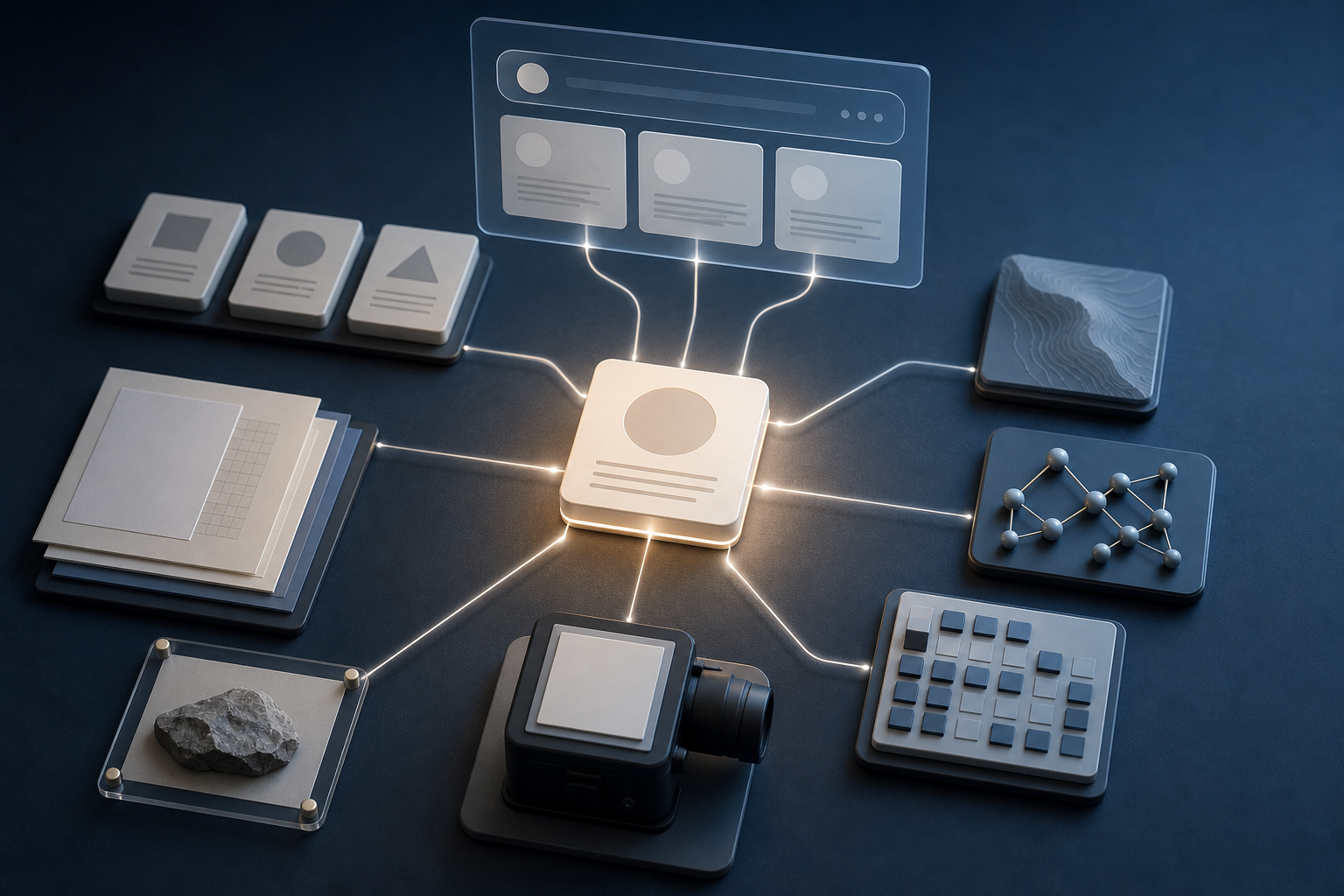 Illuminated content tiles connect to source materials and evidence objects on a dark work surface.