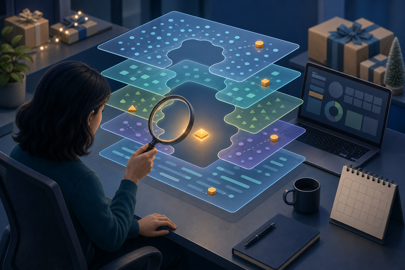 An analyst uses a magnifying lens to compare several translucent data layers above a desk with a laptop and holiday parcels.