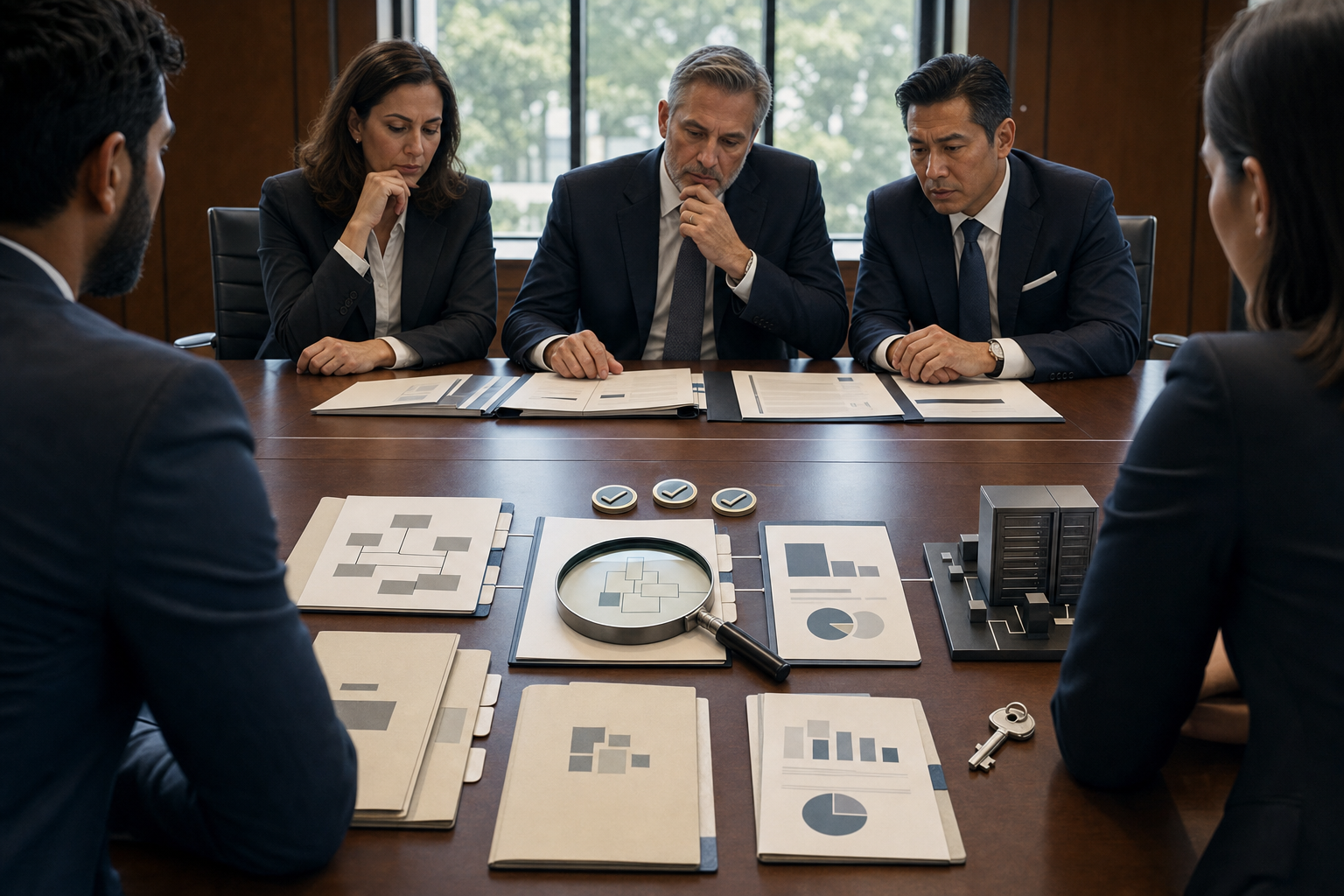 Law-firm leaders review anonymized evidence folders, technical samples, ownership documents, and abstract performance dashboards during an agency selection meeting.