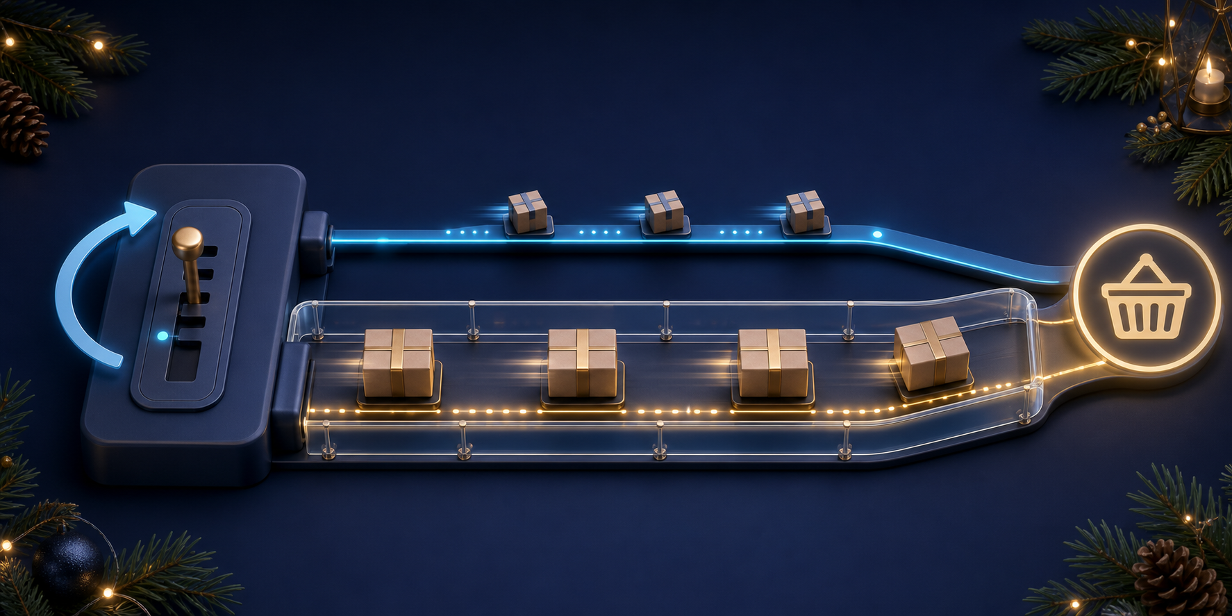 A small bid lever controls parallel test and main pathways as parcels continue moving toward a checkout symbol behind a transparent guardrail.