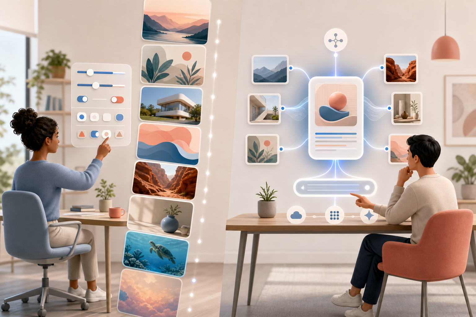 Two people follow different AI discovery journeys, one through a personalized feed and the other through an answer connected to source cards.