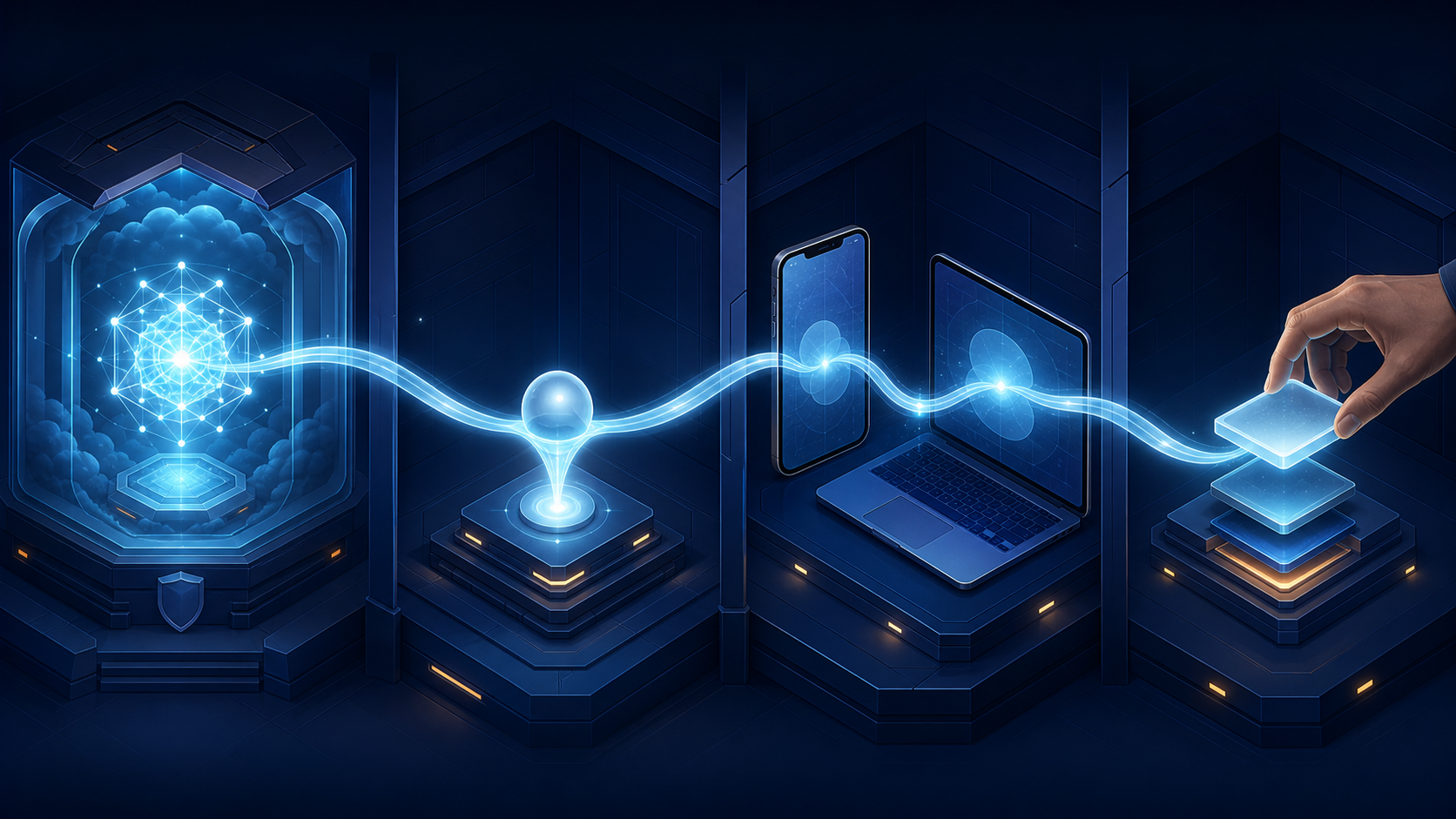 Four connected scenes depict a model existing on a service, reaching an account, connecting to devices, and being manually selected from interface tiles.