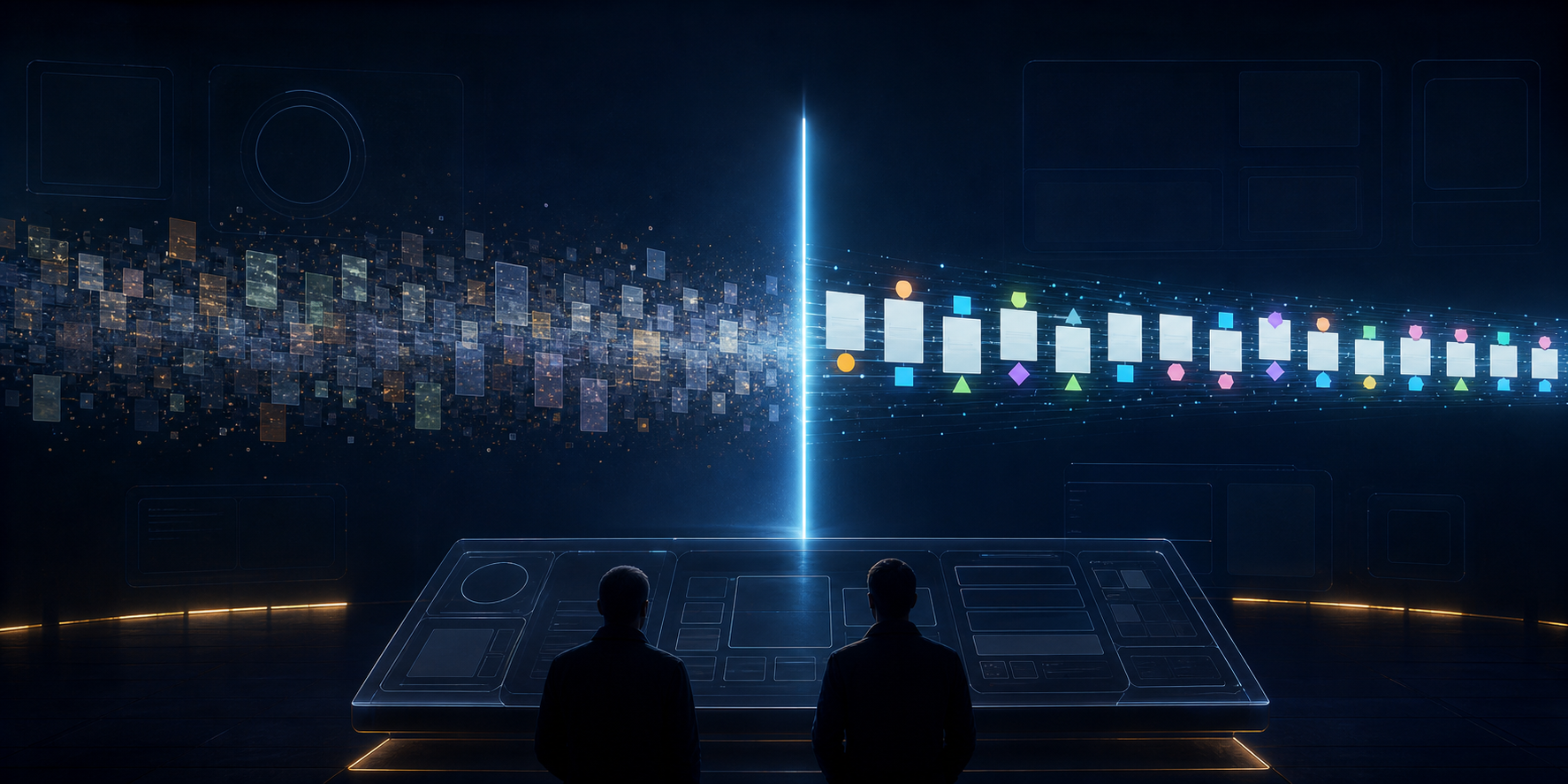 A stream of abstract response records crosses a bright vertical boundary while two analysts observe the change at a transparent console.
