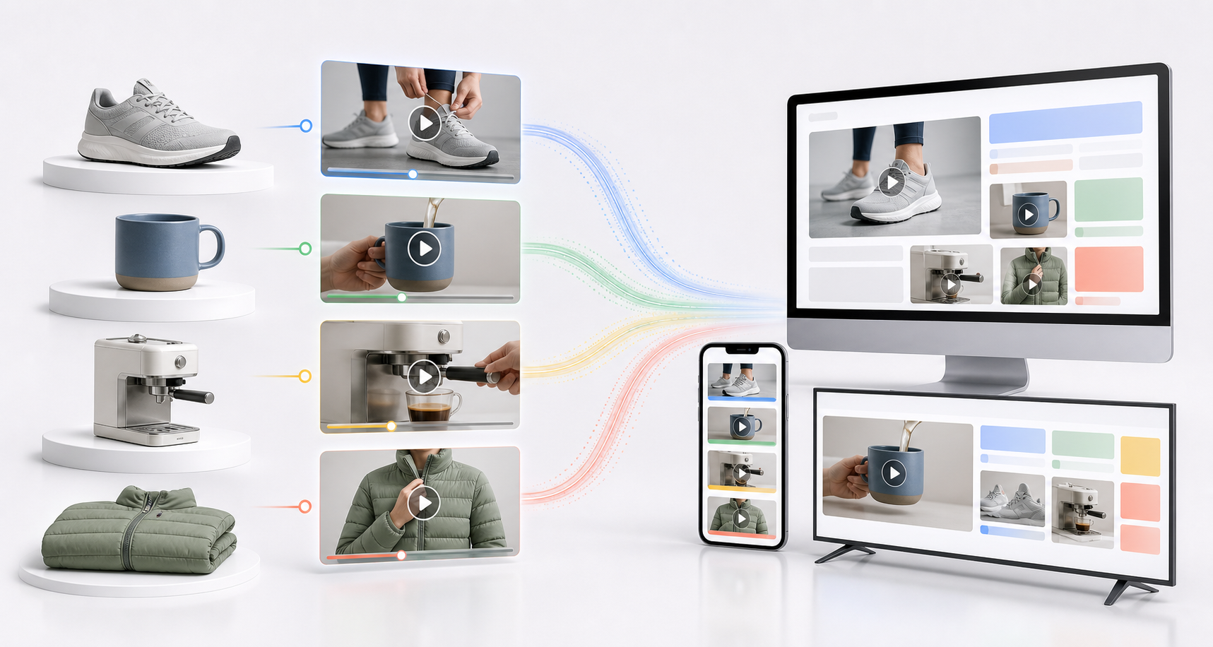 Generic retail products connected to matching video frames that flow into desktop, mobile, and television advertising placements.