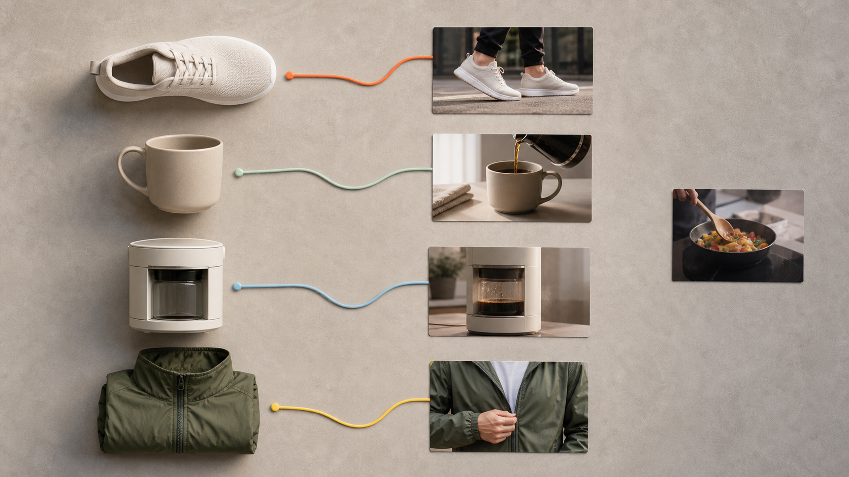Four generic products are paired with video frames showing the same items in use, while one mismatched video frame is set aside.
