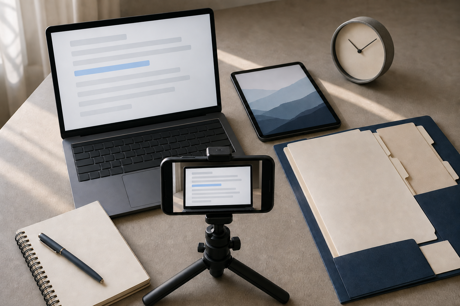 A laptop and phone are arranged on a desk to document a generic AI-generated answer, with a clock, notebook, and evidence folder nearby.