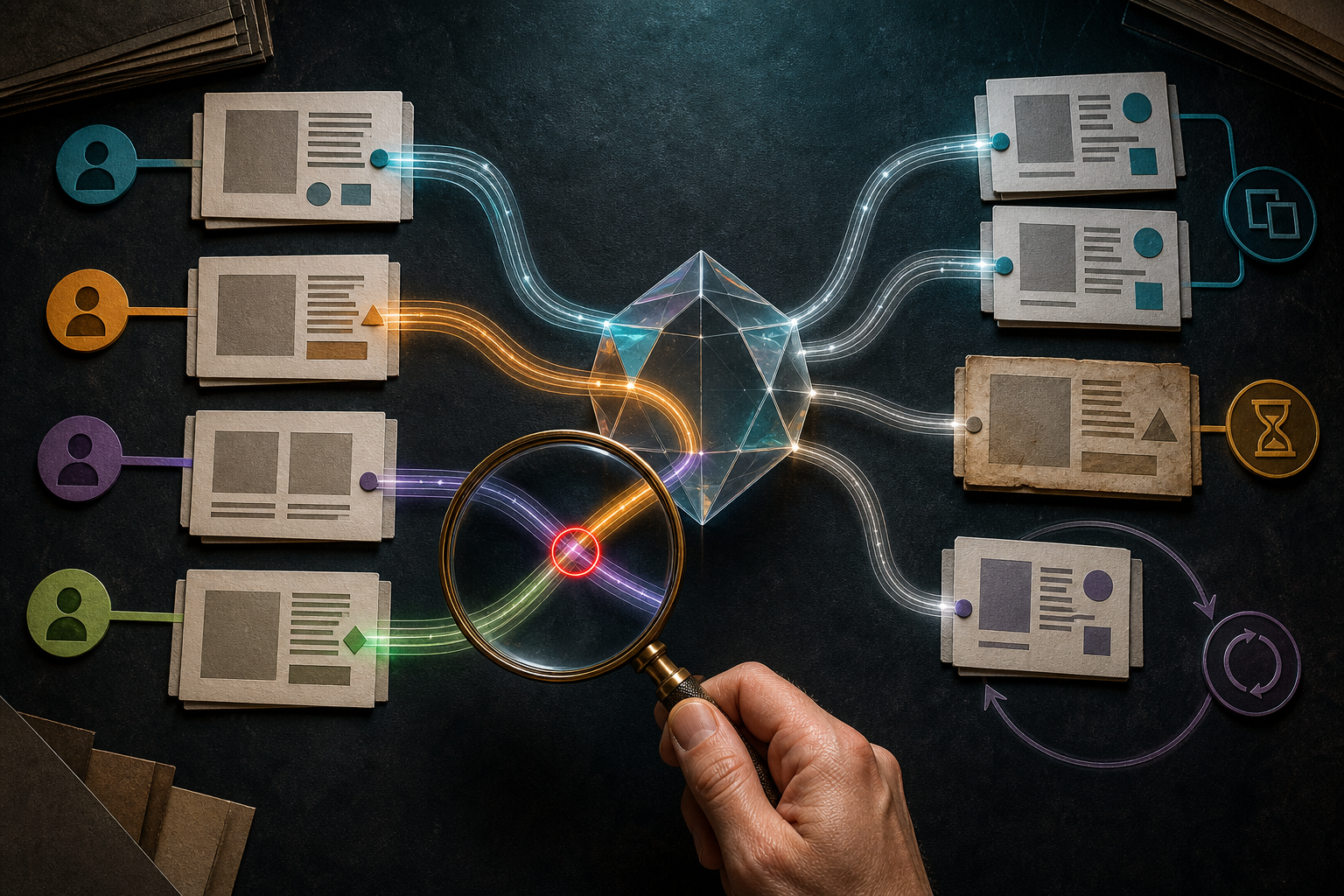 Anonymous source cards connect to a central AI prism, with a magnifying glass highlighting one identity strand routed into the wrong path.