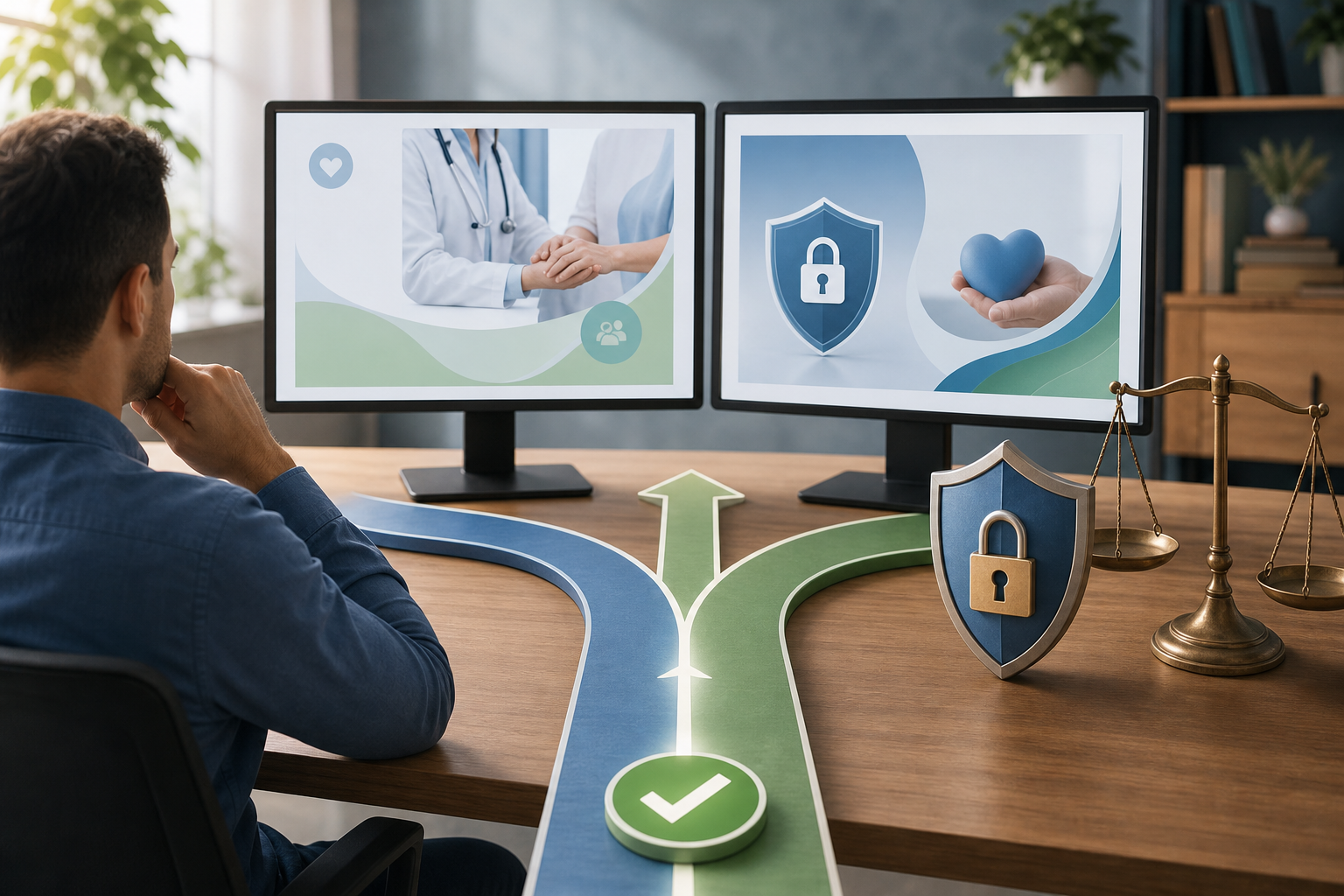 A campaign specialist reviews blank healthcare advertising screens beside a magnifying glass, shield, padlock, and balance scale.