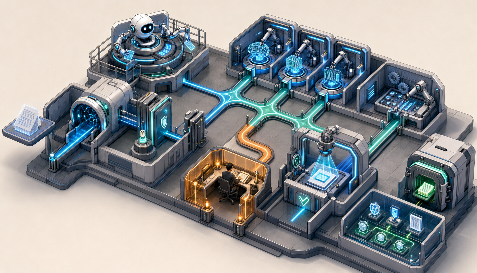 An isometric workflow facility routes a task through state management, permission checks, AI tools, human review, verification, and evidence storage.