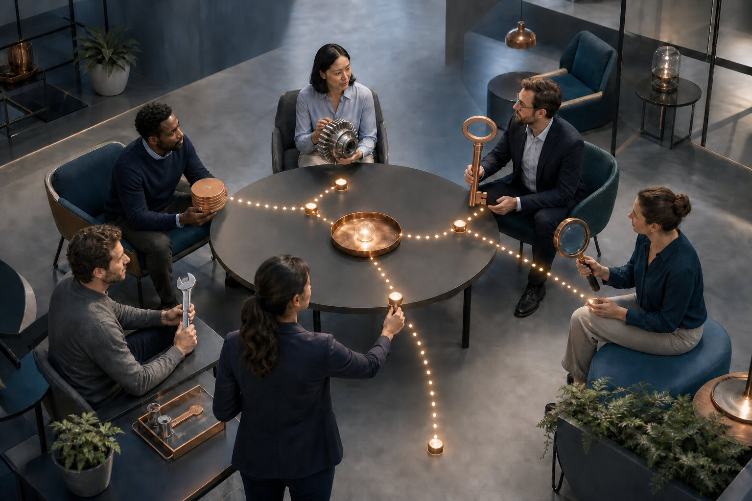 An SEO leader maps a route among colleagues who each hold different project resources, including approval, budget, engineering, and measurement tools.