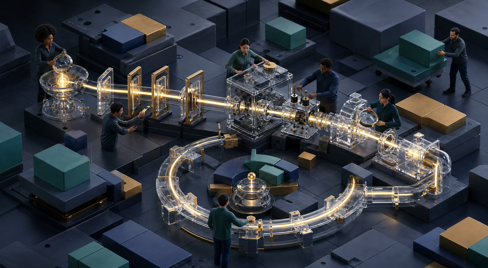 A cross-functional team maintains a connected modular workflow while large surrounding blocks are rearranged to represent changing priorities.
