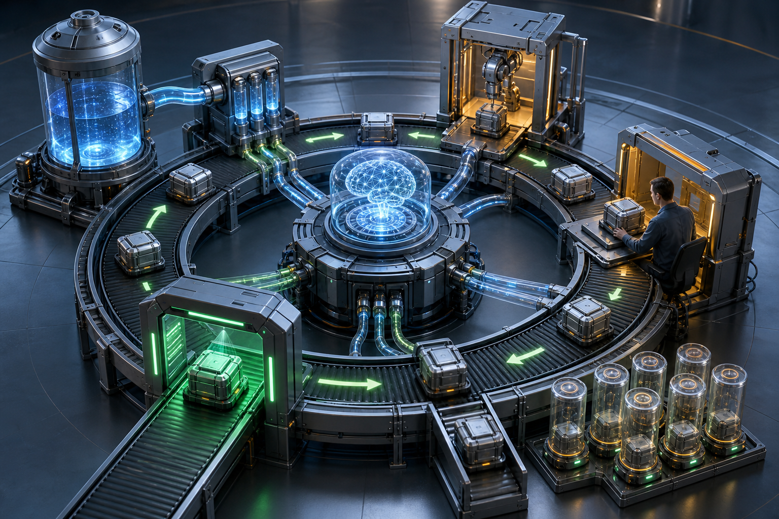 A circular workflow passes through automation, human approval, security inspection, verification, evidence storage, and a metered resource supply.