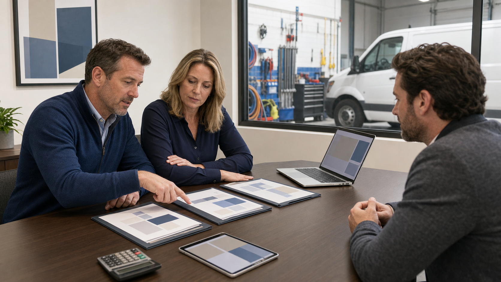 An HVAC company owner and operations manager compare unbranded agency proposals with a representative in a service office.
