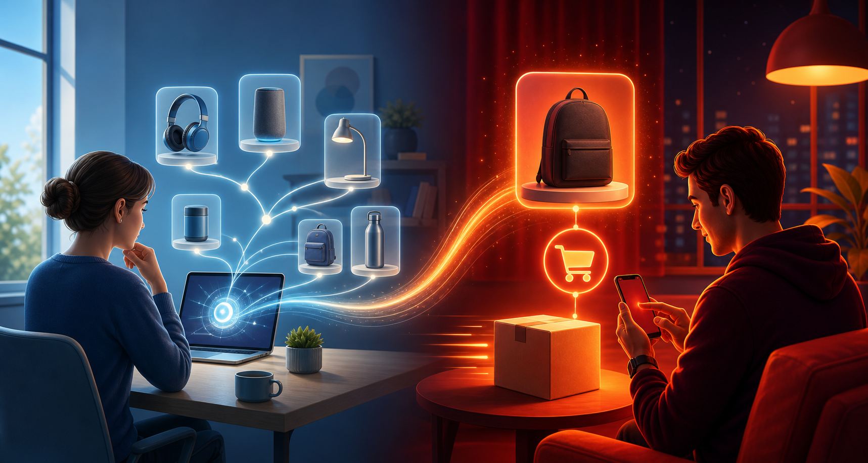 A split scene contrasts calm product research at a desk with urgent mobile deal shopping at night.