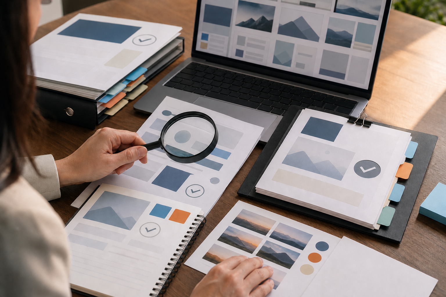 A marketing manager examines anonymous case-study materials, website mockups, and reference documents with a magnifying glass.