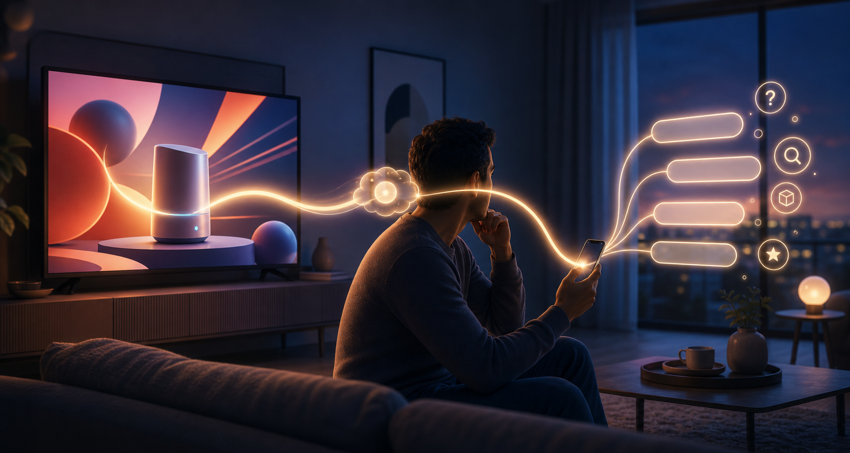 A viewer in a dim living room holds a smartphone as a glowing path connects a television commercial to several blank search fields.