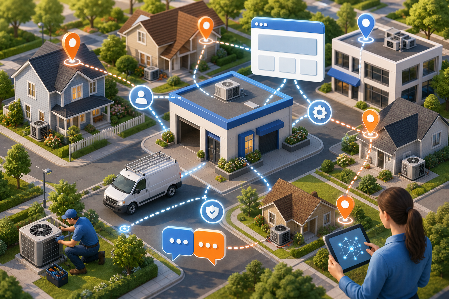 An illustrated HVAC service area connects homes, a technician, a service vehicle, location pins, a website icon, and linked information nodes.