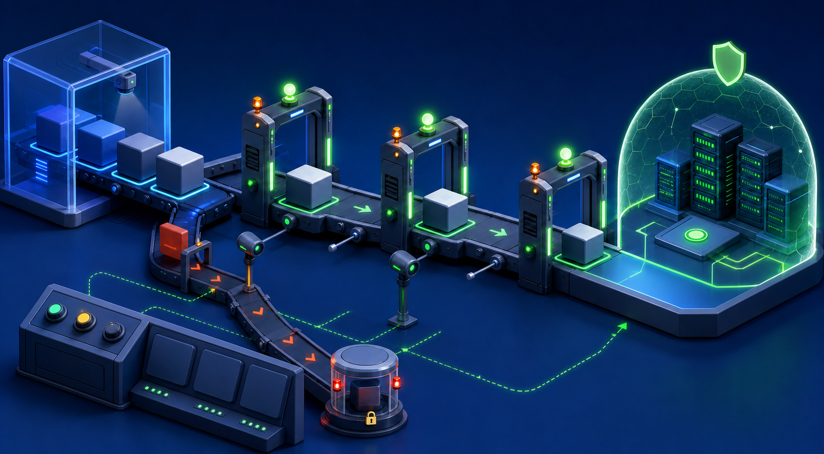 Website components pass through staged safety gates while a defective module is diverted before reaching the production network.