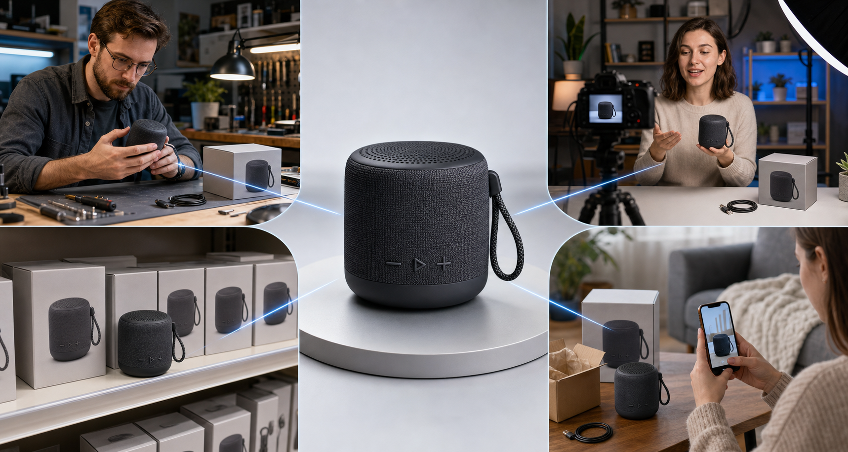 An unbranded device is connected to scenes of a reviewer, video creator, retailer display, and customer photo.