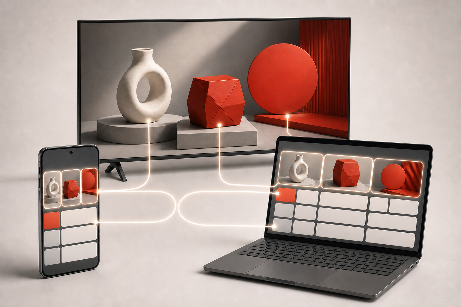 A television, phone, and laptop display matching unbranded visual elements connected by glowing lines.