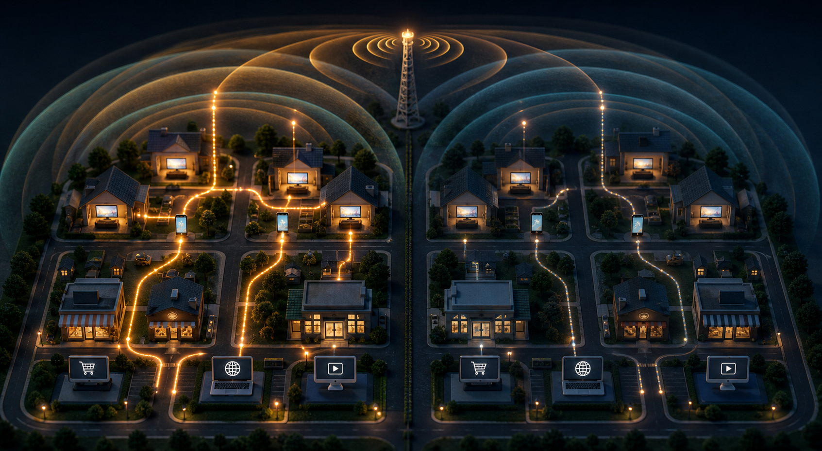 Two miniature neighborhoods show different levels of glowing activity from televisions to phones and destinations.