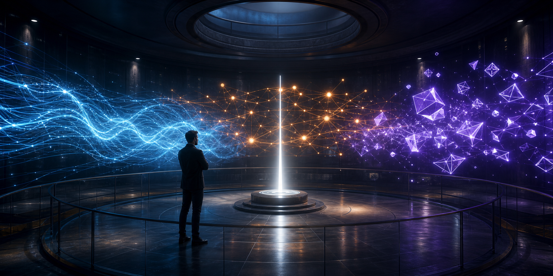 An analyst observes three differently colored streams of digital signals shifting around a steady central beacon in a dark monitoring room.