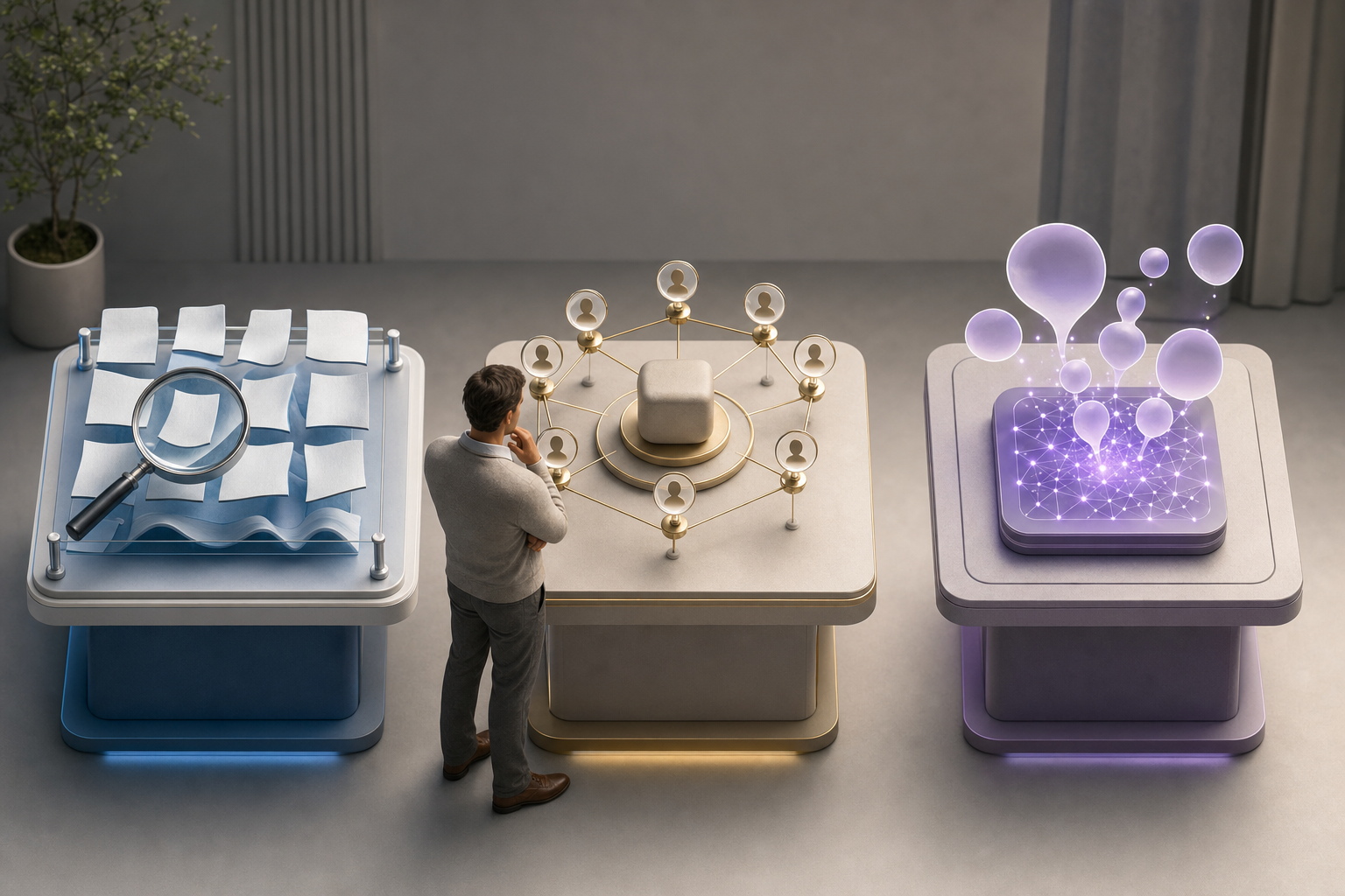 Three separate workstations display page tiles, connected identity nodes, and abstract AI response shapes while an investigator compares them.
