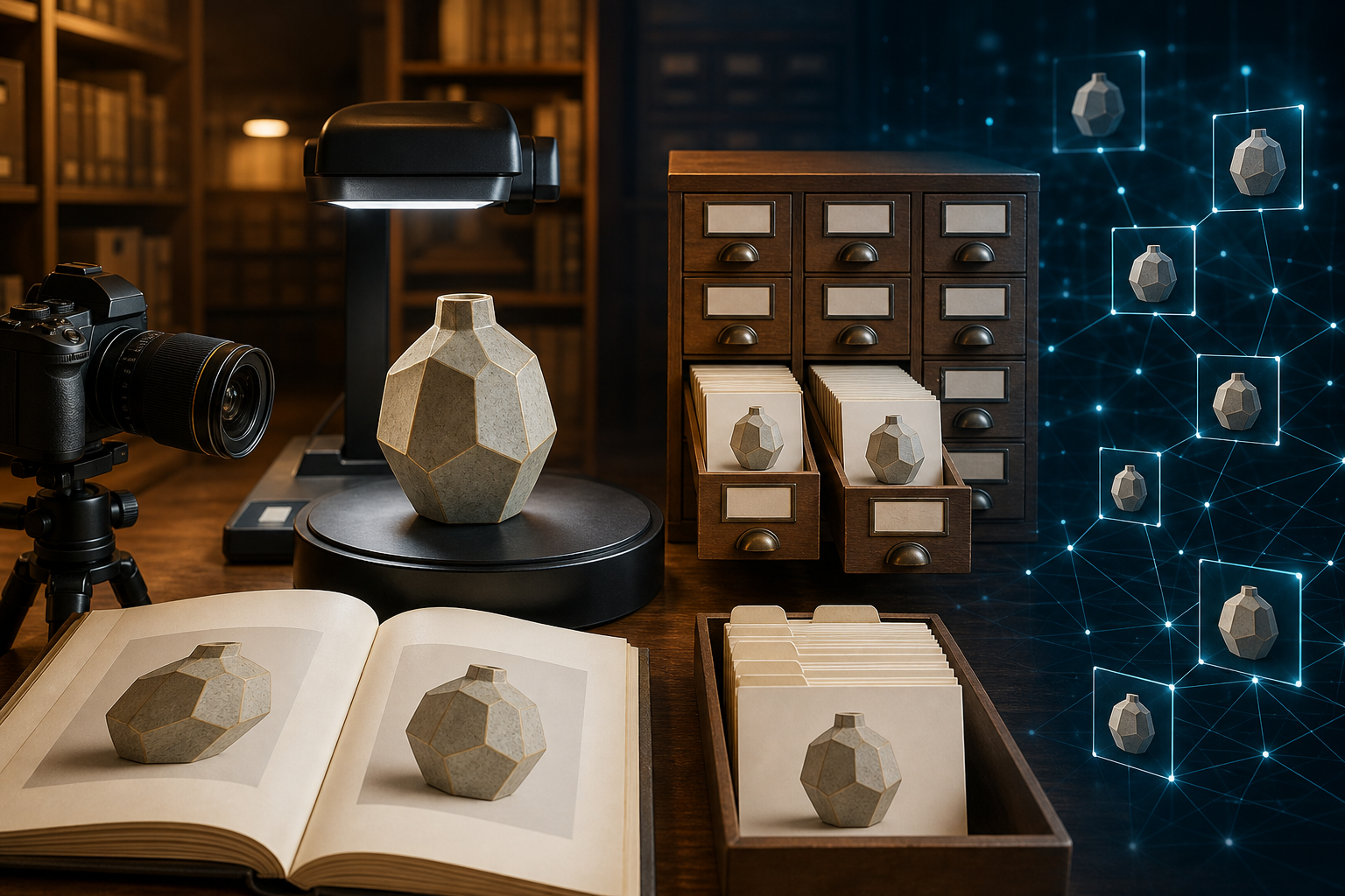 A faceted ceramic object is documented and repeated consistently across blank archival materials and a glowing network of connected nodes.
